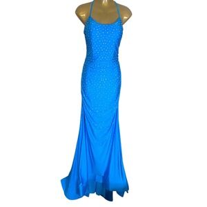 Abby Paris Lucci Lu Turquoise Sequin Mermaid Prom Dress Lace Up Back Size 12
